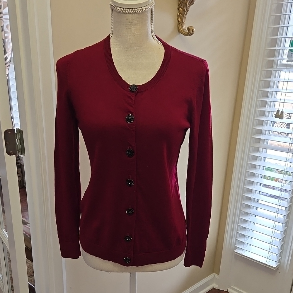 Talbots Petites Burgundy cardigan Sweater pure merino wool black buttons SP EUC